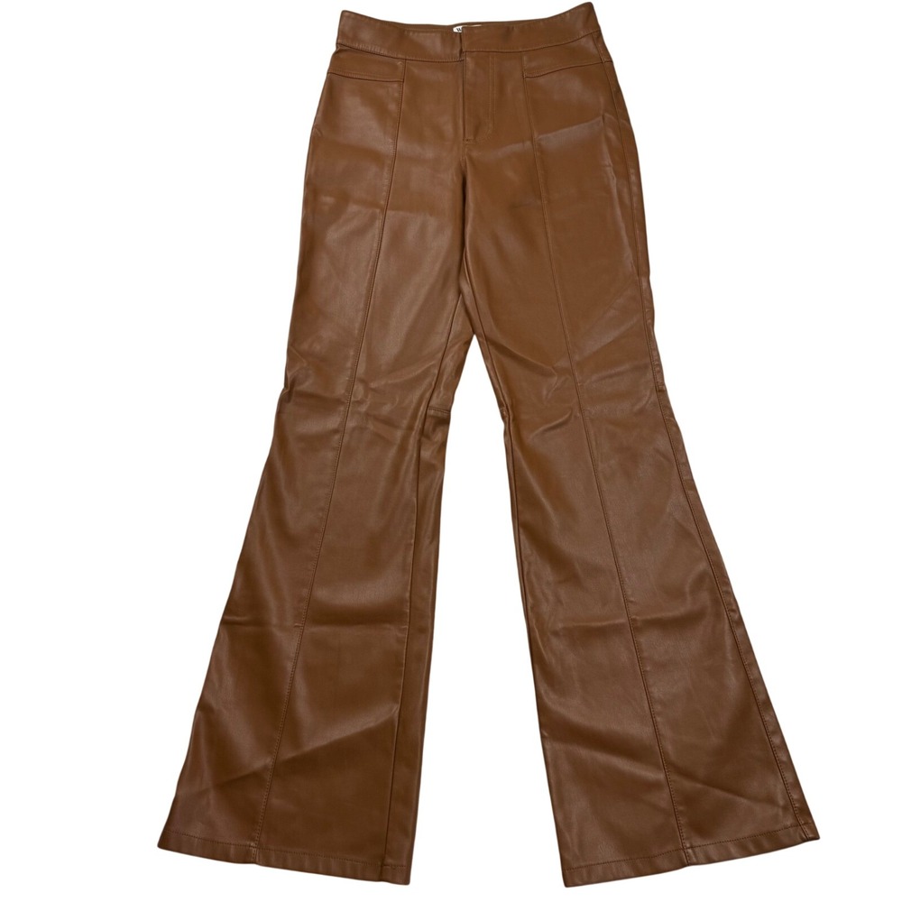 We The Free People Vegan Leather Flare Pants Cognac Brown Seam Front Size 2